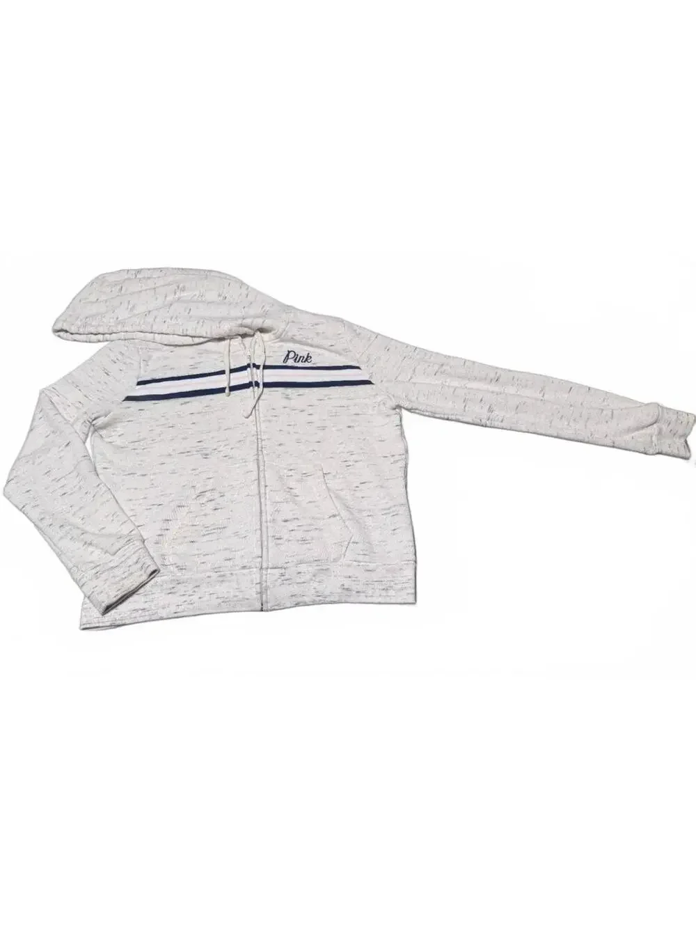 Victoria's Secret Pink Perfect Full Zip Hoodie Cream Navy Blue Logo L